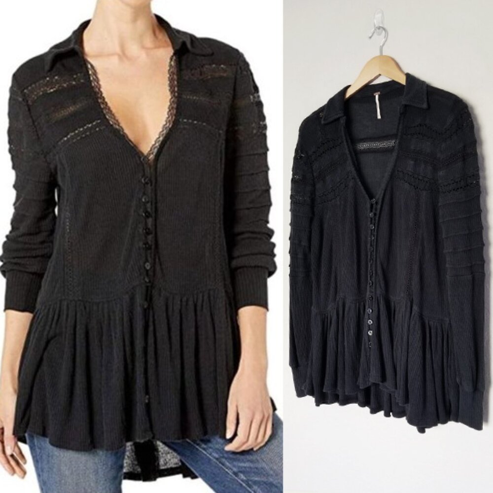 Free People Set To Stun Lace-Inset Low V Neck Collar Tunic Top Black XS $108 - Picture 3 of 16